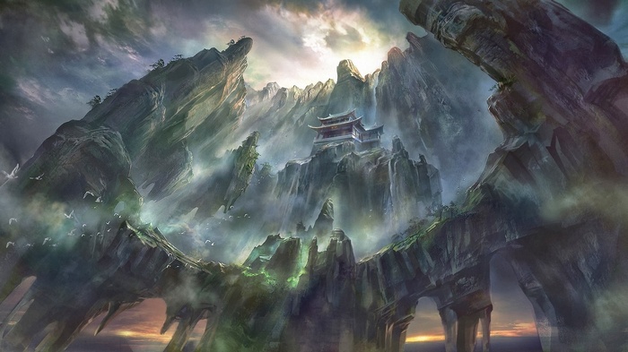 Fantasy Asian architecture on a mountain peak