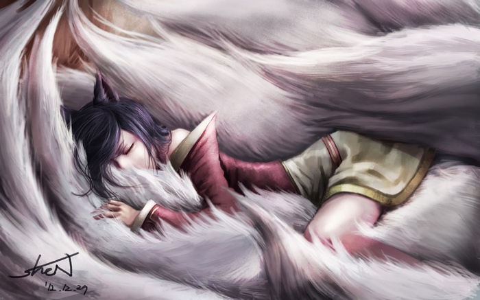 Ahri from League of Legends sleeping on her tails