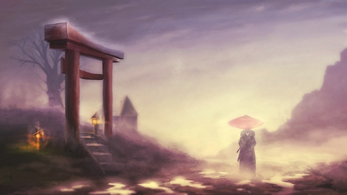 Samurai with umbrella near a shrine gate