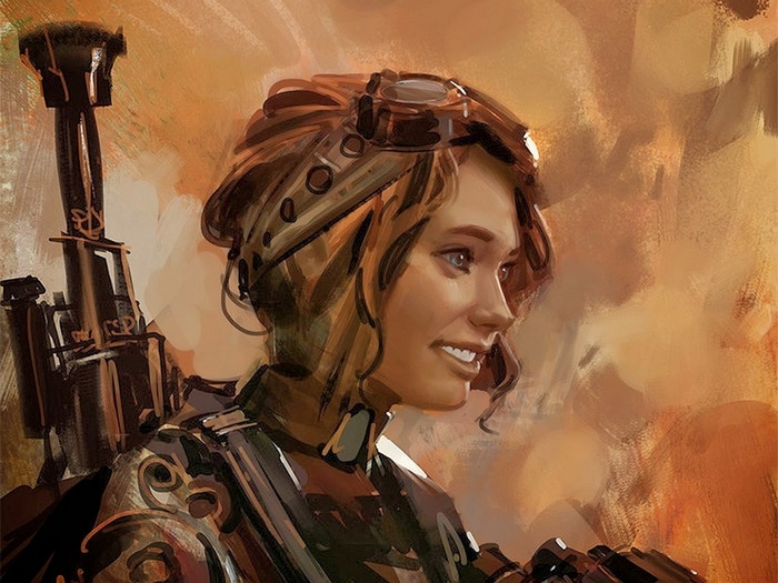 Painting of a woman with goggles and a backpack