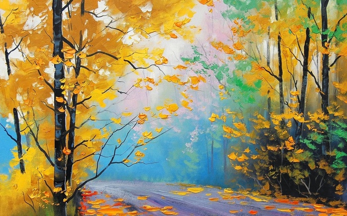 trees, leaves, artwork, painting, Graham Gercken, forest, fall, park