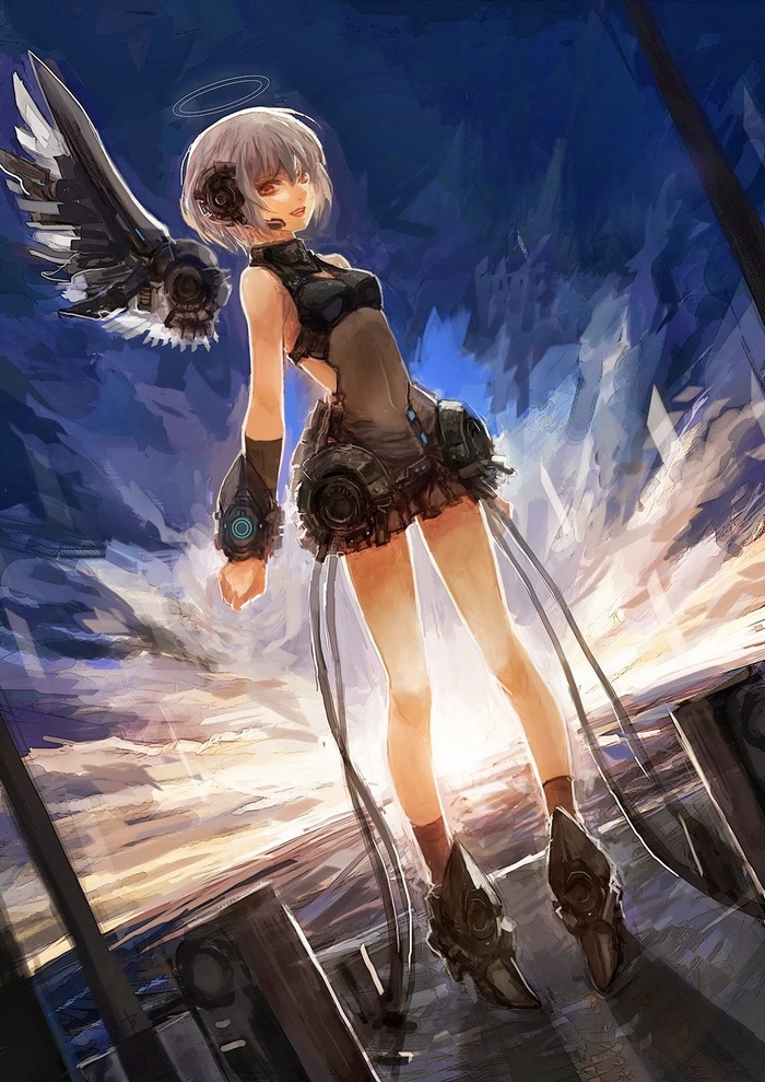 Anime girl with mechanical wings and halo