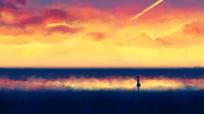 Anime girl standing by the ocean at sunset