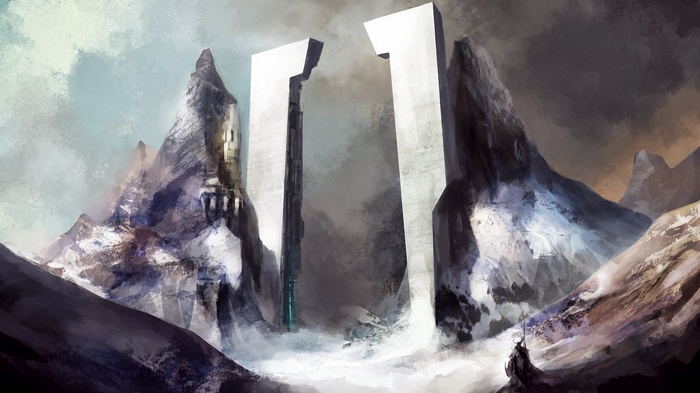 Fantasy art of a desolate mountain pass with monoliths
