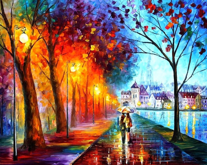 umbrella, couple, path, artwork, painting, fall, street light, Leonid Afremov