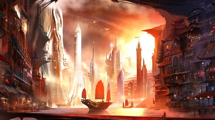 Futuristic cityscape with traditional ships and flying vehicles
