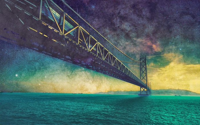 Bridge over the ocean under a starry sky