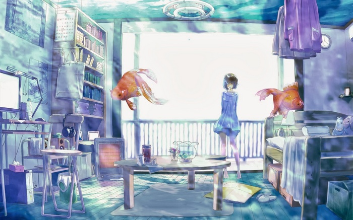 Anime girl and goldfish in a flooded room