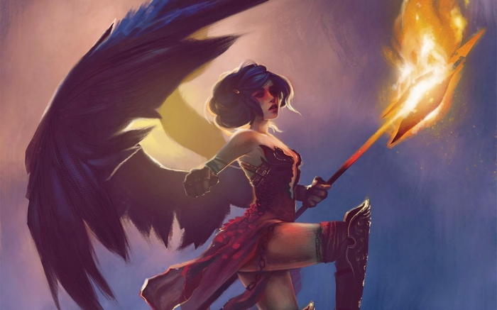 Fantasy angel with fiery spear and dark wings