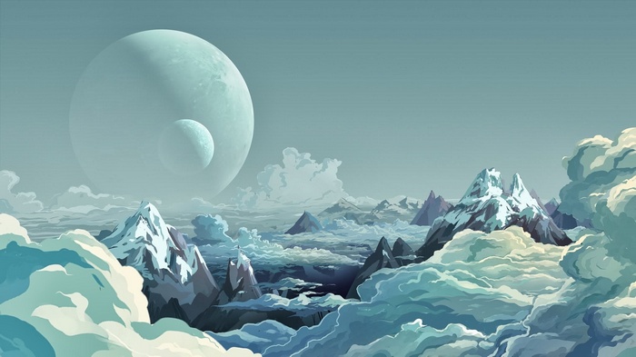 Fantasy planet landscape with moons and mountains