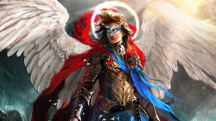 Angel with glowing eyes and crown of thorns