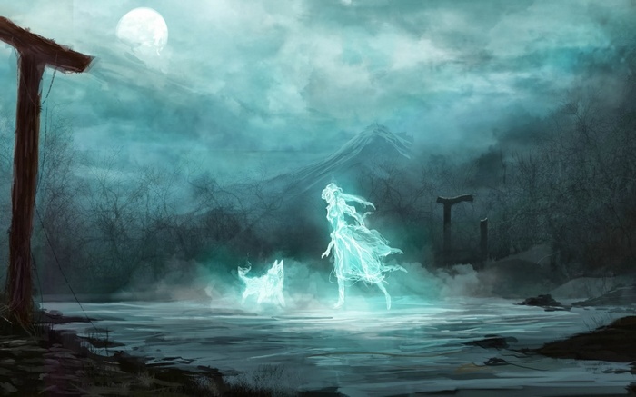 Fantasy art of a spirit girl and wolf