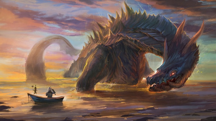 sea monsters, fishing rod, knight, dragon, boat, fantasy art, Gentleman, Pacific Ocean, digital art, Monster Hunter, clouds, Lagiacrus, dark humor, fisherman, men