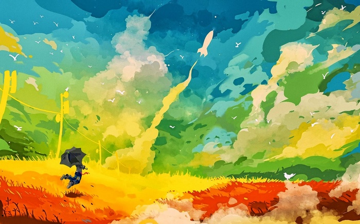 Anime character with umbrella under a rocket launch