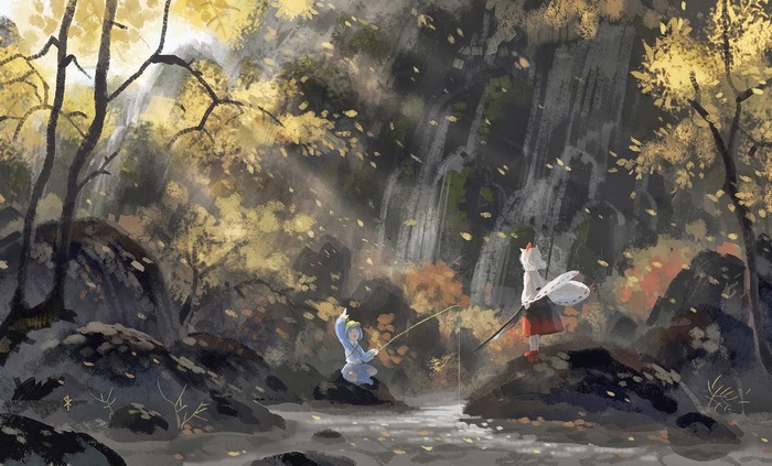 Inubashiri Momiji and Kawashiro Nitori fishing by a waterfall