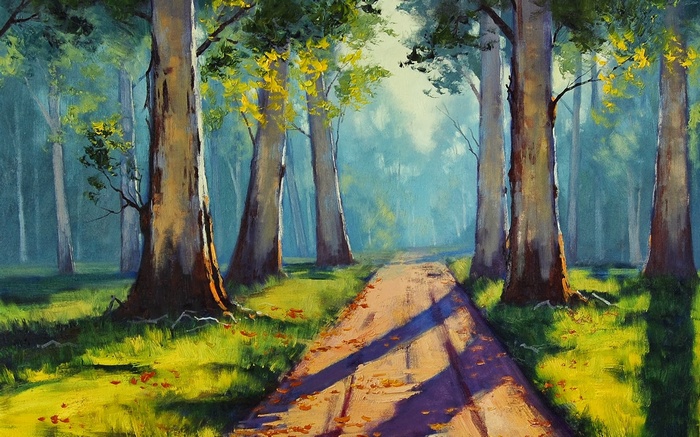 Graham Gercken painting of a forest path with sunlight