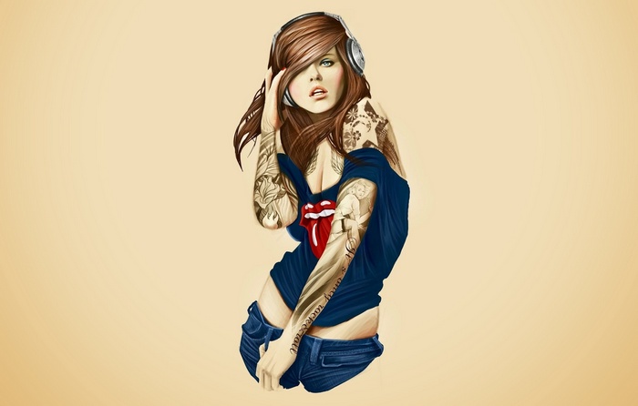 Woman with headphones and tattoos wearing The Rolling Stones shirt
