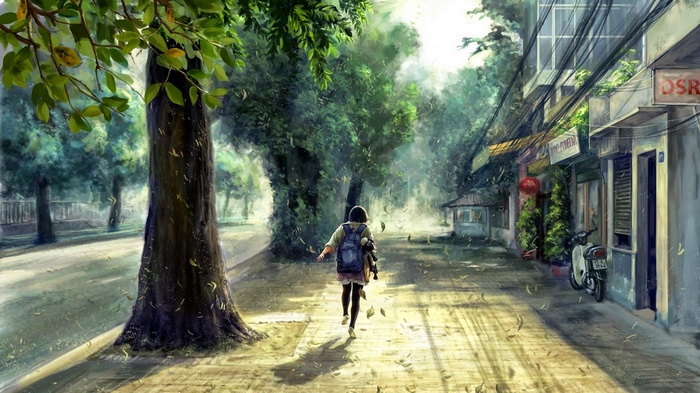 Anime girl with backpack walks down a tree-lined street
