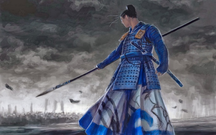Samurai with spear and swords in front of a city