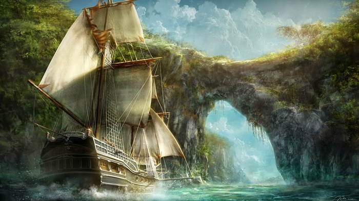 Fantasy sailing ship navigates through a rocky archway