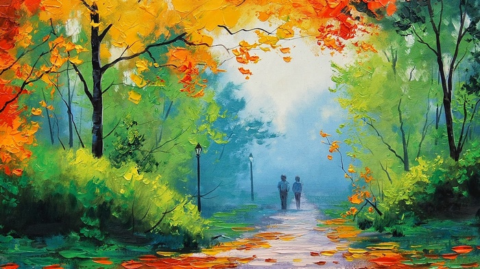 Painting of a park path with trees in fall colors