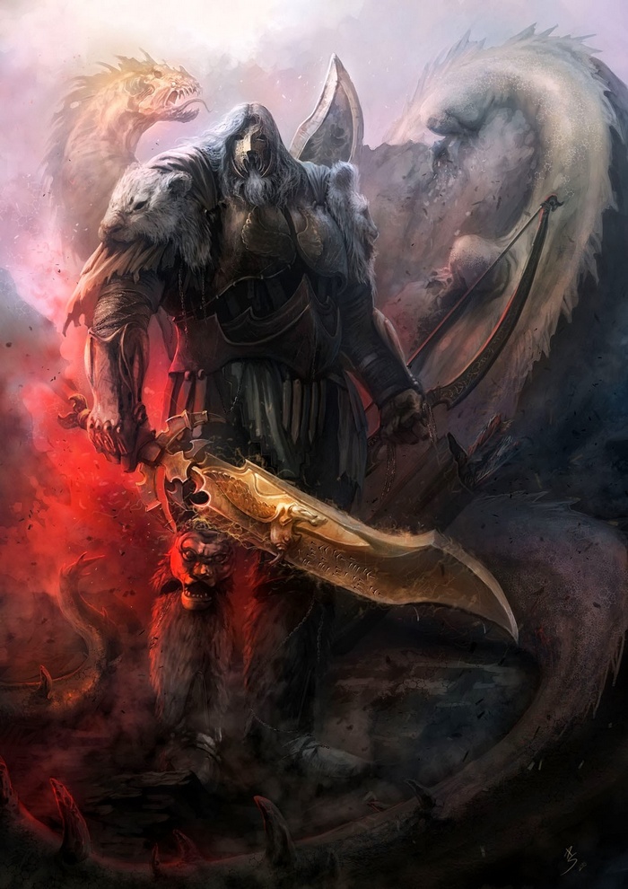 Fantasy warrior with sword and dragons