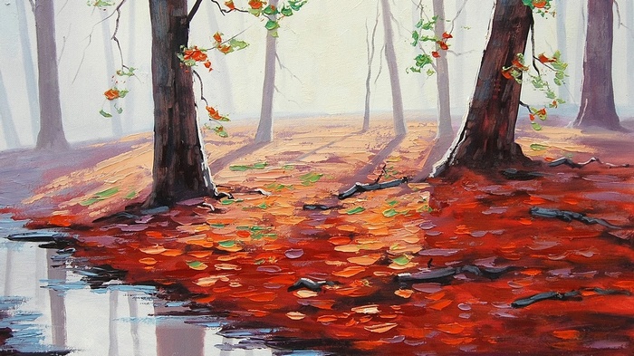 Graham Gercken painting of a fall forest with leaves and a puddle