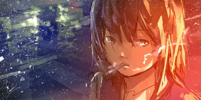 Anime girl smoking a cigarette with paint splatter background