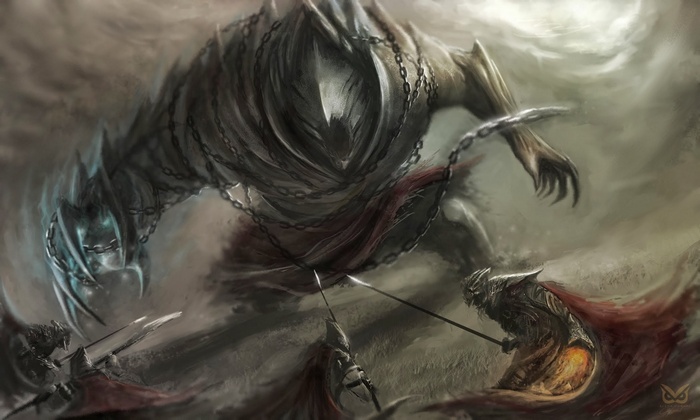 Fantasy art of a giant chained creature fighting knights