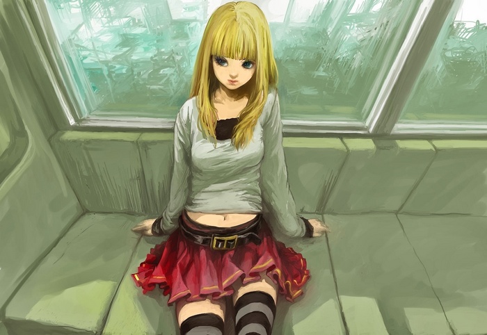 Amane Misa from Death Note sitting on a bench