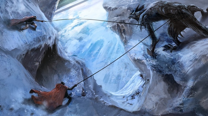 Fantasy art of a creature and climbers in ice cave