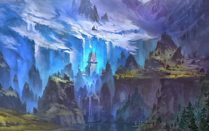 glaciers, fantasy art, mountains, artwork, castle, river, landscape, HD ...