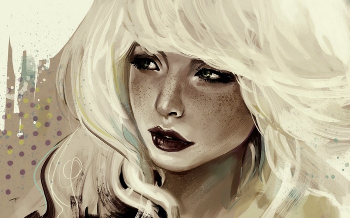 Artwork of a woman with freckles and blonde hair