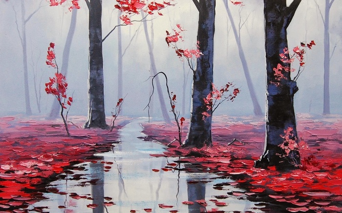 Graham Gercken painting of a misty forest with red leaves