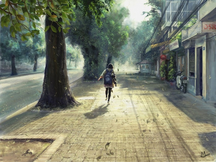 Anime girl walking down a tree-lined street in autumn