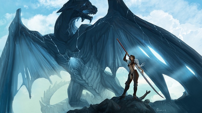 fantasy art, animals, blue, brunette, fantasy girl, anime girls, anime, dragon, sword