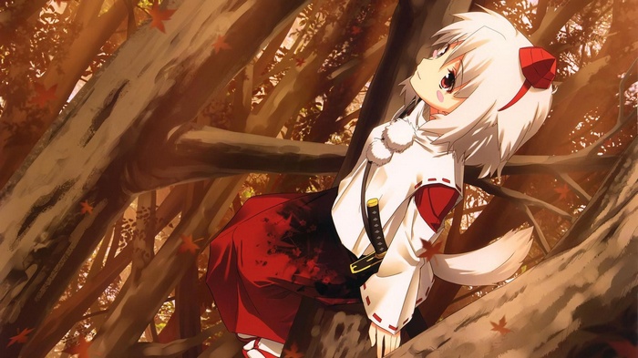 Inubashiri Momiji sitting on a tree branch