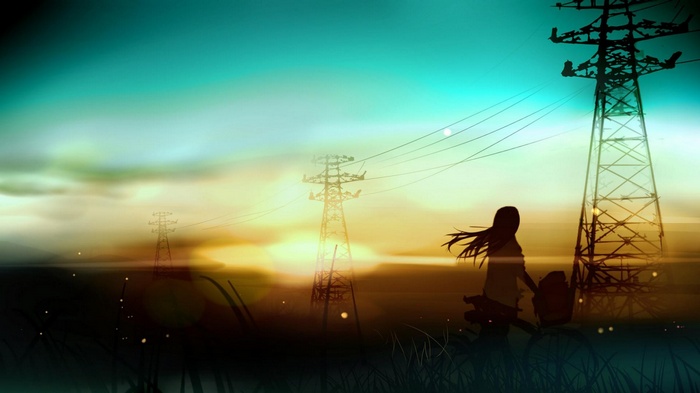 Anime girl with power lines at sunset