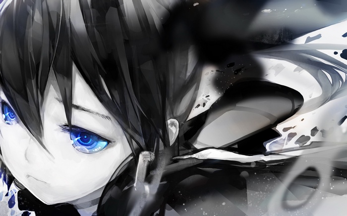 Black Rock Shooter with blue eyes and black hair
