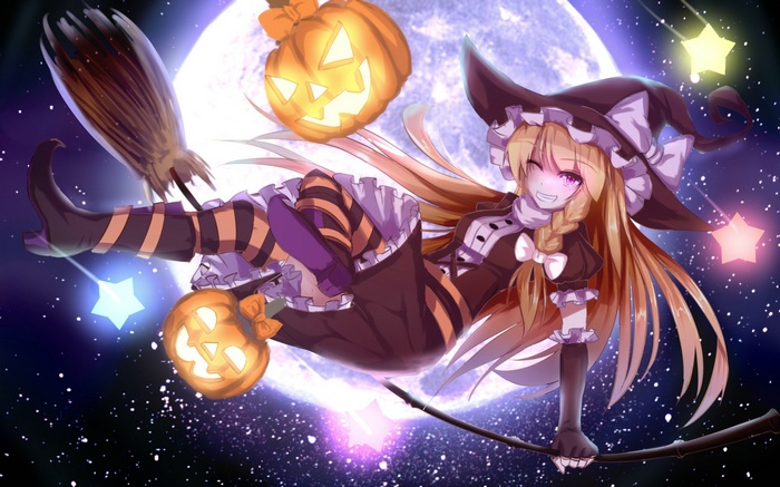 night, Moon, anime, stockings, Kirisame Marisa, pumpkin, Touhou, stars, blonde, anime girls, Halloween, witch