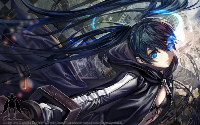 Black Rock Shooter with blue glowing eye and chains