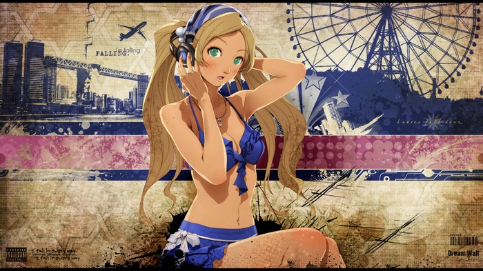 Anime girl in bikini with headphones