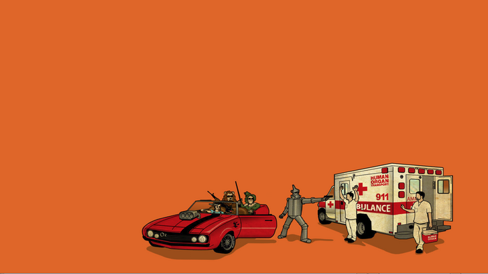 The Wizard of Oz characters in a car and ambulance