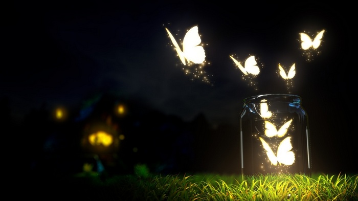 Glowing butterflies flying out of a glass jar at night