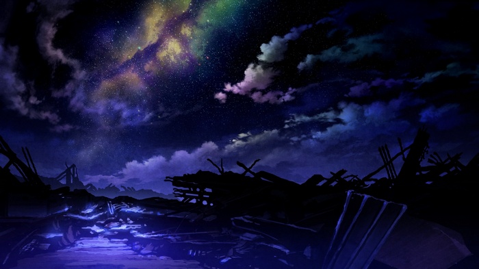 Apocalyptic ruins under a starry, cloudy sky