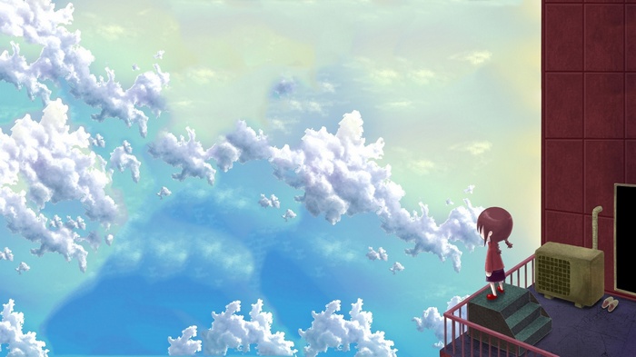 Anime girl on a balcony looking at clouds
