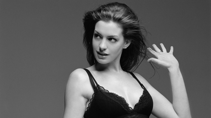 Anne Hathaway in a black lace bra