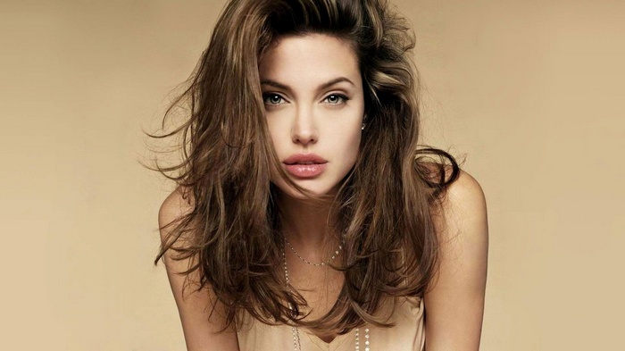 Angelina Jolie with brown hair and makeup
