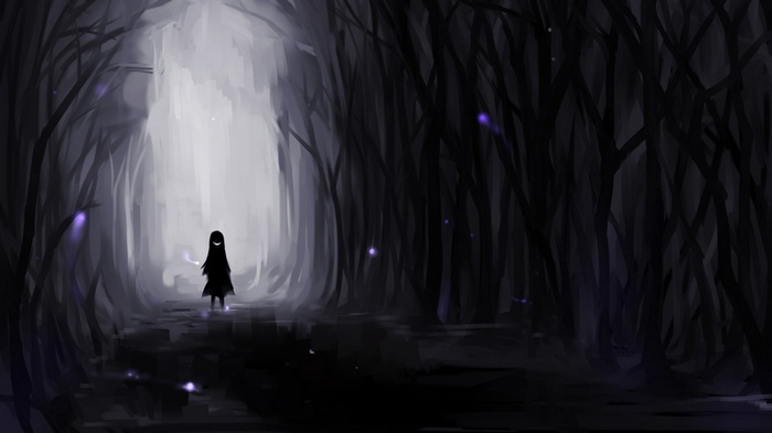 Anime girl in a dark forest with glowing lights
