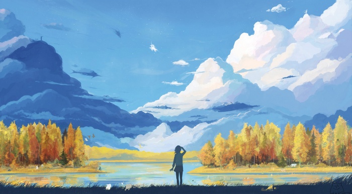 Anime landscape with a person looking at clouds